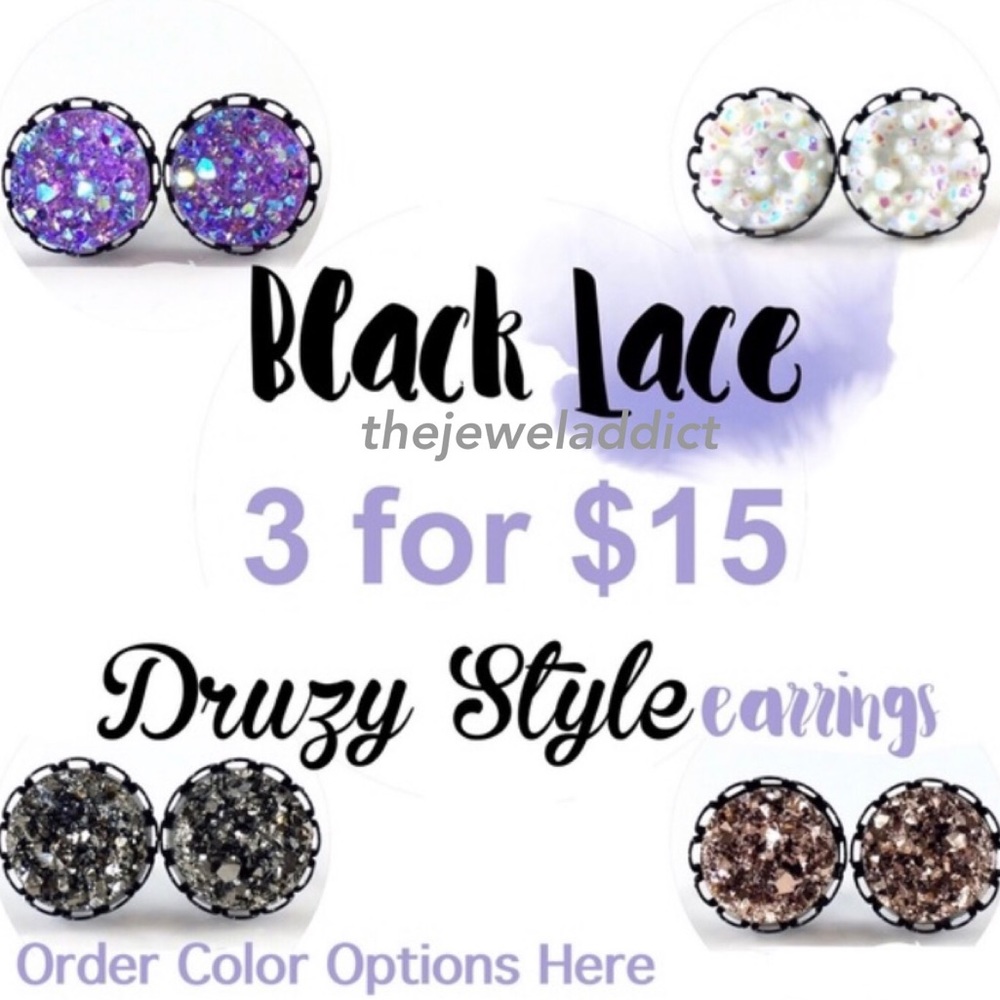 3 for 15🎀 faux druzy black Lace studs
